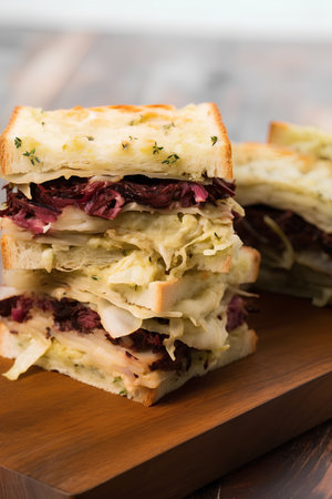 Corned beef sandwich on a wooden board close-up, selective focus.の素材