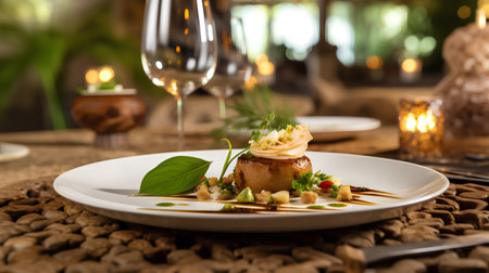 roasted scallops with caramelized onion on a table in a restaurantの素材