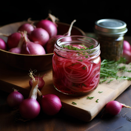Homemade pickled red onion in a glass jar on a dark background. Selective focus.の素材