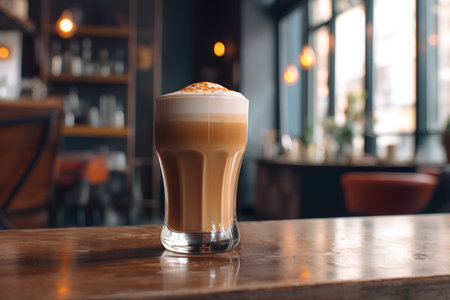 Coffee latte macchiato in a tall glass on the bar counterの素材