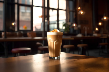 Coffee latte in a glass on the table in cafeの素材