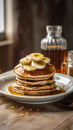Stack of pancakes with banana and maple syrup on a wooden table.の素材