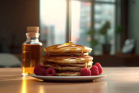 Pancakes with honey and raspberries on a wooden tableの素材
