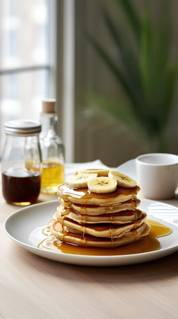 Stack of pancakes with honey, banana and maple syrup on wooden tableの素材