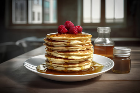 Stack of pancakes with honey and raspberries on a wooden tableの素材