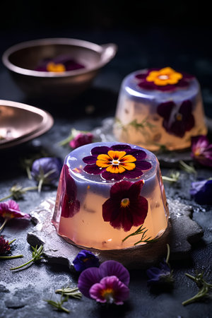Panna cotta with pansy flowers on dark background. Selective focus.の素材