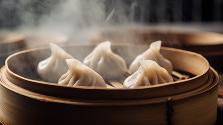 Chinese steamed dumplings in bamboo steamer, closeupの素材
