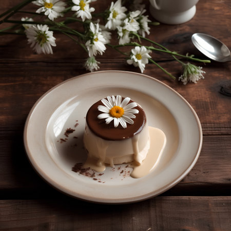 Chocolate pudding with chamomile flowers on a wooden backgroundの素材
