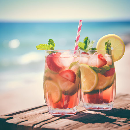 Mojito cocktail with lemon, lime and mint on the beachの素材