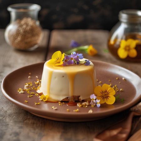 Panna cotta with yellow flowers and caramel sauce, selective focusの素材