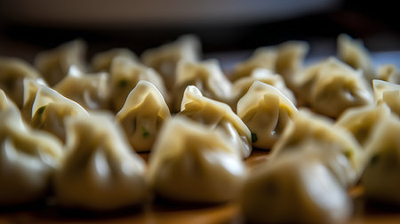 Close up of steamed dumplings on wooden table. Selective focus.の素材