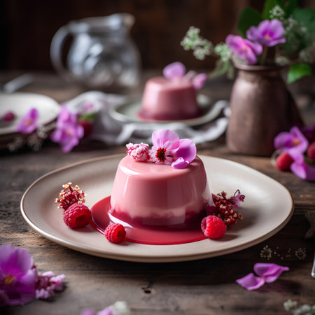 Panna cotta dessert with fresh raspberries and pink flowersの素材