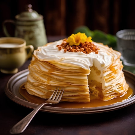 Homemade crepe cake with whipped cream and caramel, selective focusの素材