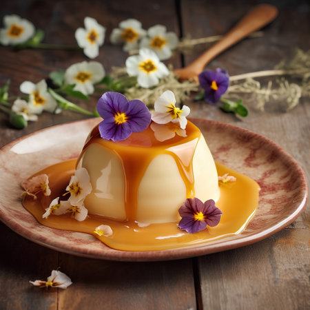 Panna cotta with caramel sauce and flowers on a wooden backgroundの素材
