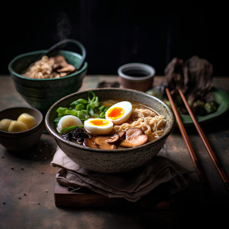 Bowl of miso ramen noodle soup with egg on dark backgroundの素材