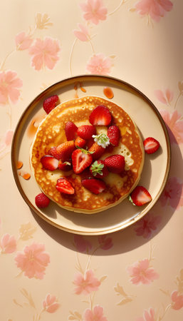 Pancakes with strawberries and honey on beige background. Top view.の素材