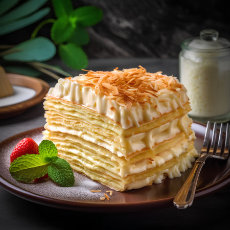 Homemade crepe cake with whipped cream and caramel, selective focusの素材