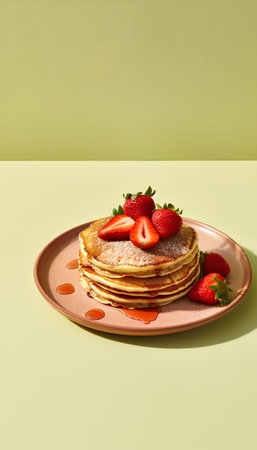 Plate with delicious pancakes with strawberries and maple syrup on color backgroundの素材