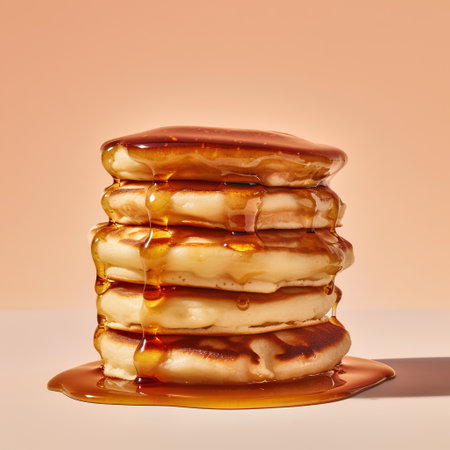Stack of pancakes with maple syrup on orange background. 3d renderingの素材