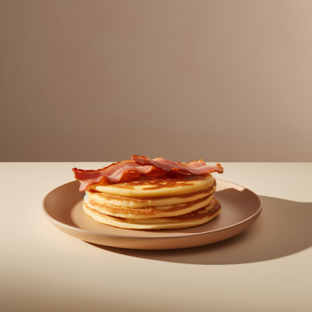 Pancakes with bacon on a plate. 3d illustration.の素材