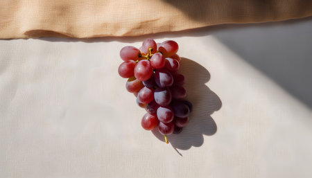 Bunch of red grapes on a white tablecloth, top viewの素材