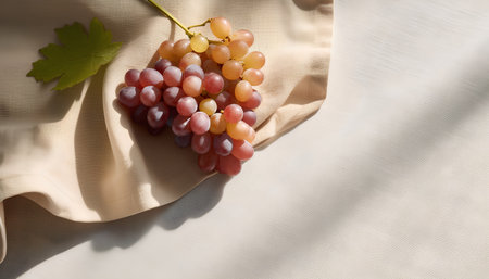 Ripe red and yellow grapes on a white cloth background. Top view.の素材