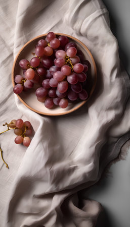 Bowl of fresh ripe grapes on white tablecloth, top viewの素材