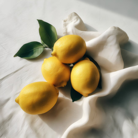 Fresh lemons with green leaves on white linen tablecloth, square cropの素材