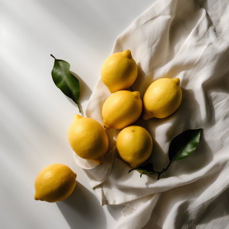 Lemons on a white cloth. Flat lay, top view.の素材