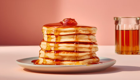Stack of pancakes with maple syrup on a white plate on pink backgroundの素材