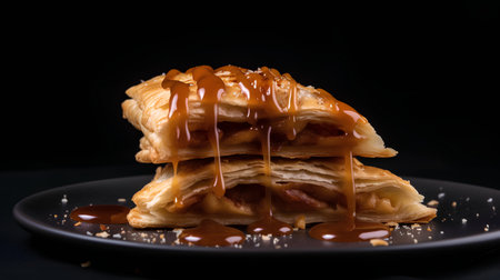 Puff pastry with caramel sauce on a black background. Close-up.の素材