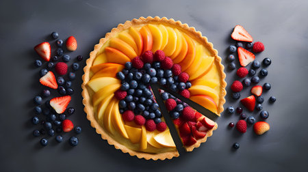 Fruit tart with strawberries, blueberries and raspberries on dark backgroundの素材