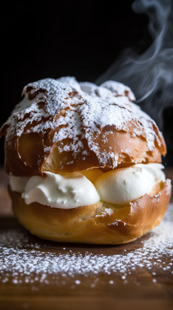 Cream puff with ice cream on a wooden table. Selective focus.の素材