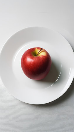 Red apple on a white plate on a gray background, close-upの素材