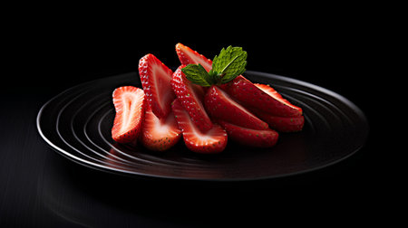 Strawberries on a black plate. Isolated on black background.の素材