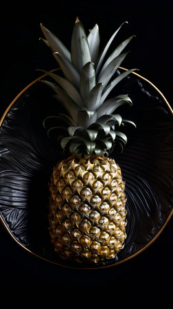 Pineapple in a glass bowl on a black background with water dropsの素材
