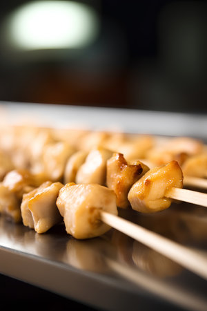 Grilled chicken skewers on a plate. Selective focus.の素材