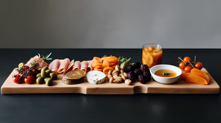 Snacks and appetizers on a wooden board on a black backgroundの素材