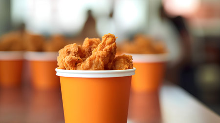 Fried chicken nuggets in paper cups. Fast food concept.の素材