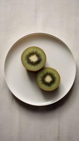 Kiwi fruit on a white plate on a linen tableclothの素材