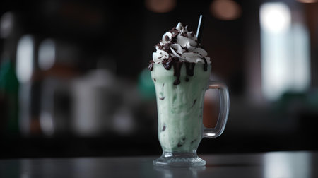 Iced green tea with whipped cream and chocolate in a glass cupの素材