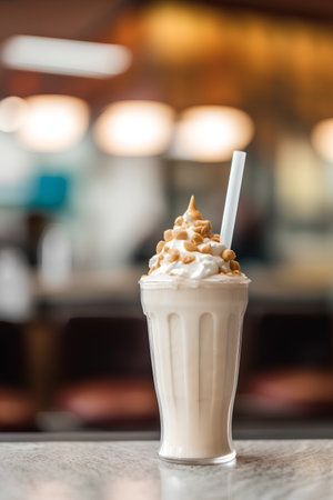 milkshake with whipped cream in glass on table in coffee shopの素材