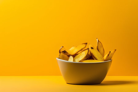 Fried potato chips in a bowl on yellow background with copy spaceの素材