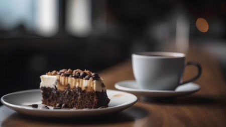Coffee cup and chocolate cake on wooden table in coffee shopの素材