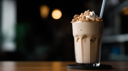 Iced coffee with whipped cream and caramel in a tall glass.の素材