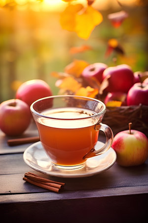 Cup of tea with cinnamon and apples on wooden table in autumn gardenの素材