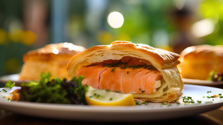 Puff pastry with smoked salmon on a white plate. Selective focus.の素材