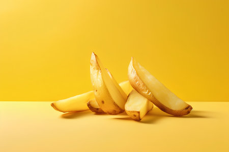 Sliced potatoes on yellow background with copy space. Minimal food concept.の素材