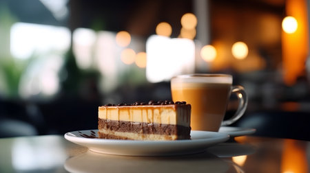 Coffee and cake on the table in coffee shop, shallow DOFの素材