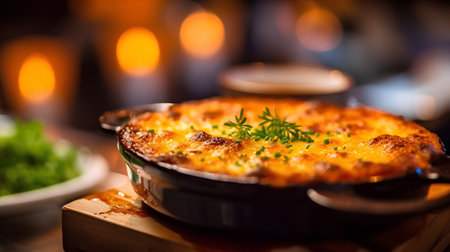 Baked potato casserole with cheese and herbs in a panの素材